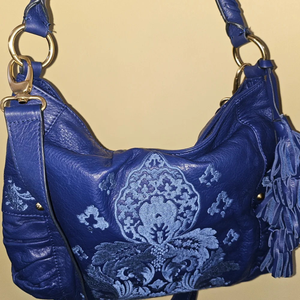 Fiore By Isabella Fiore Cobalt Blue Embroidered Leather Bag - Picture 1 of 12